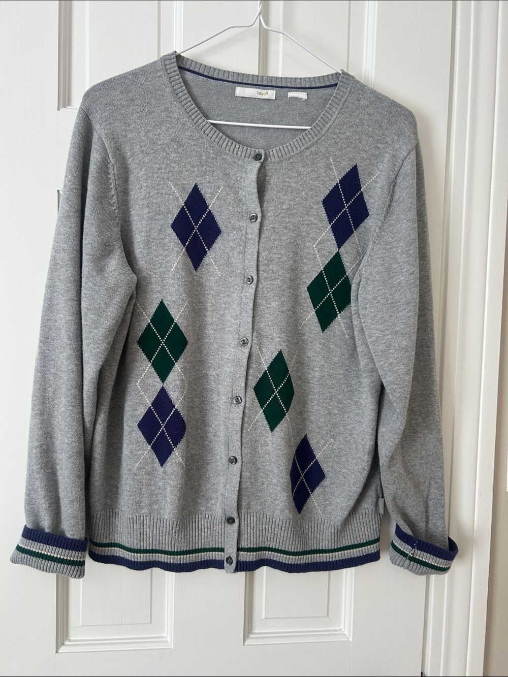 Lizgolf Argyle Button-Front Cardigan with Navy & Green Accents